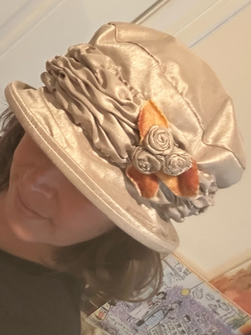 Vintage Satin Cloche Hat in Champagne with Rosette Accent